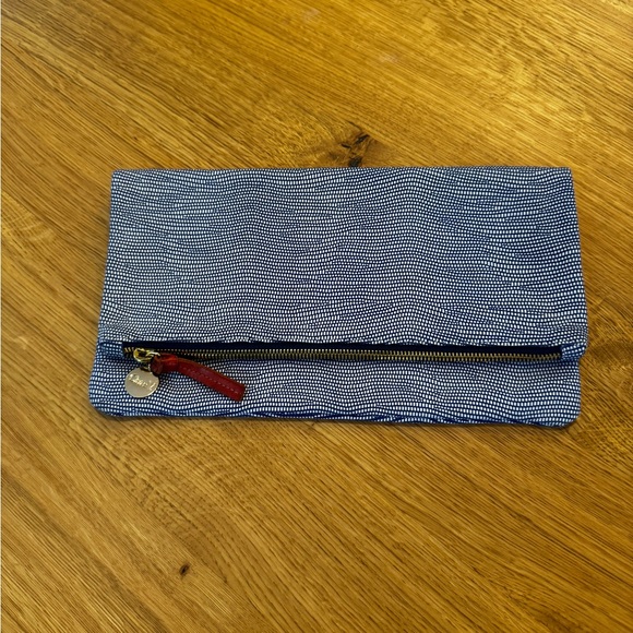 Clare V leather blue Textured Clutch with Red Zipper Pull Foldover clutch EUC - Picture 1 of 10